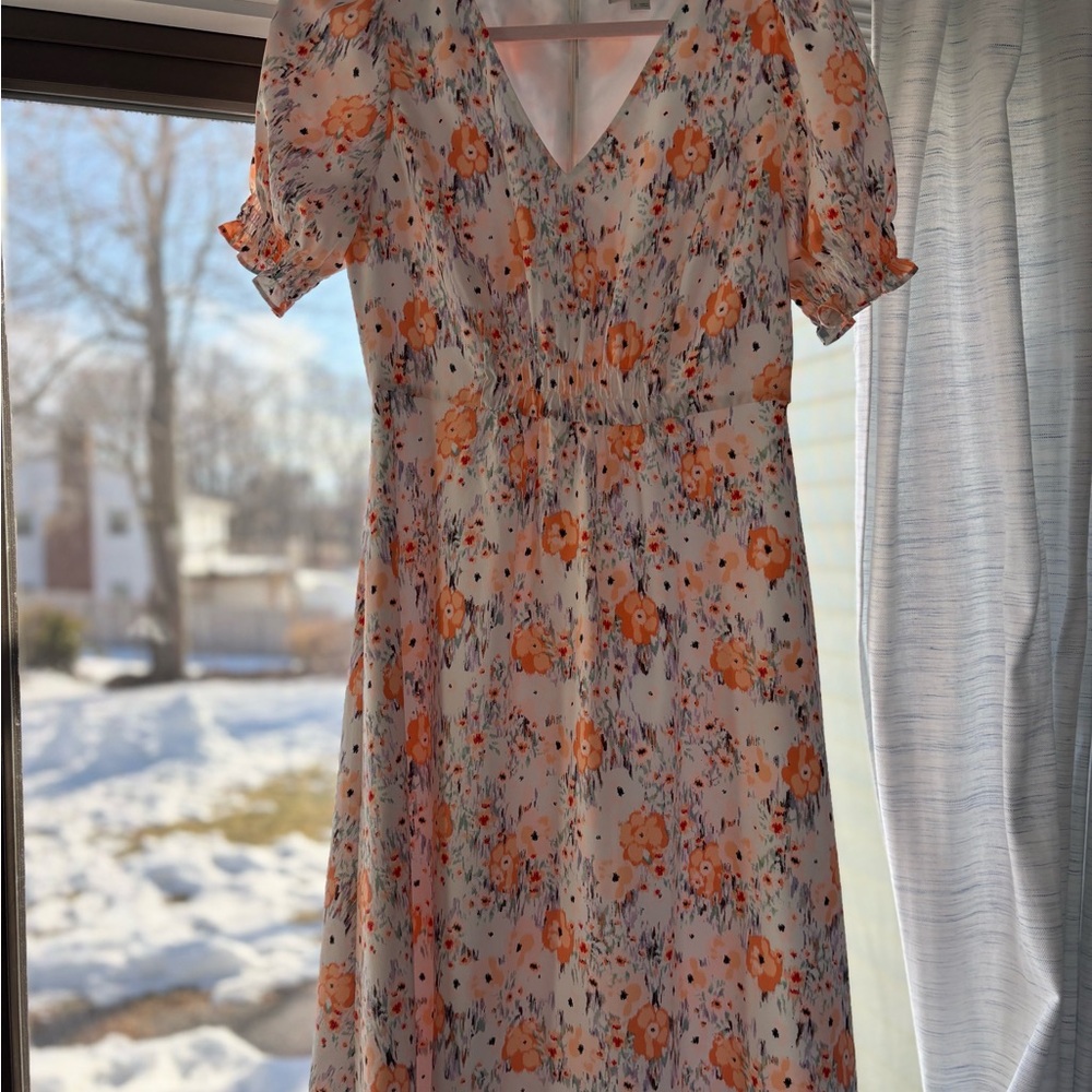 LOFT Peach Floral V-Neck Midi Dress